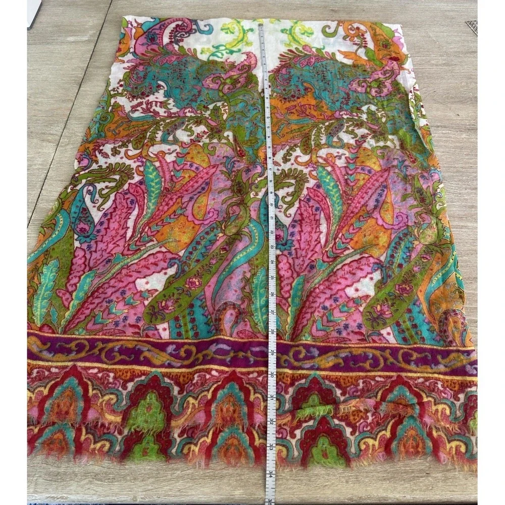 J. Jill Wool Paisley Scarf Wrap Multi-Color Pink Green Orange 70x25